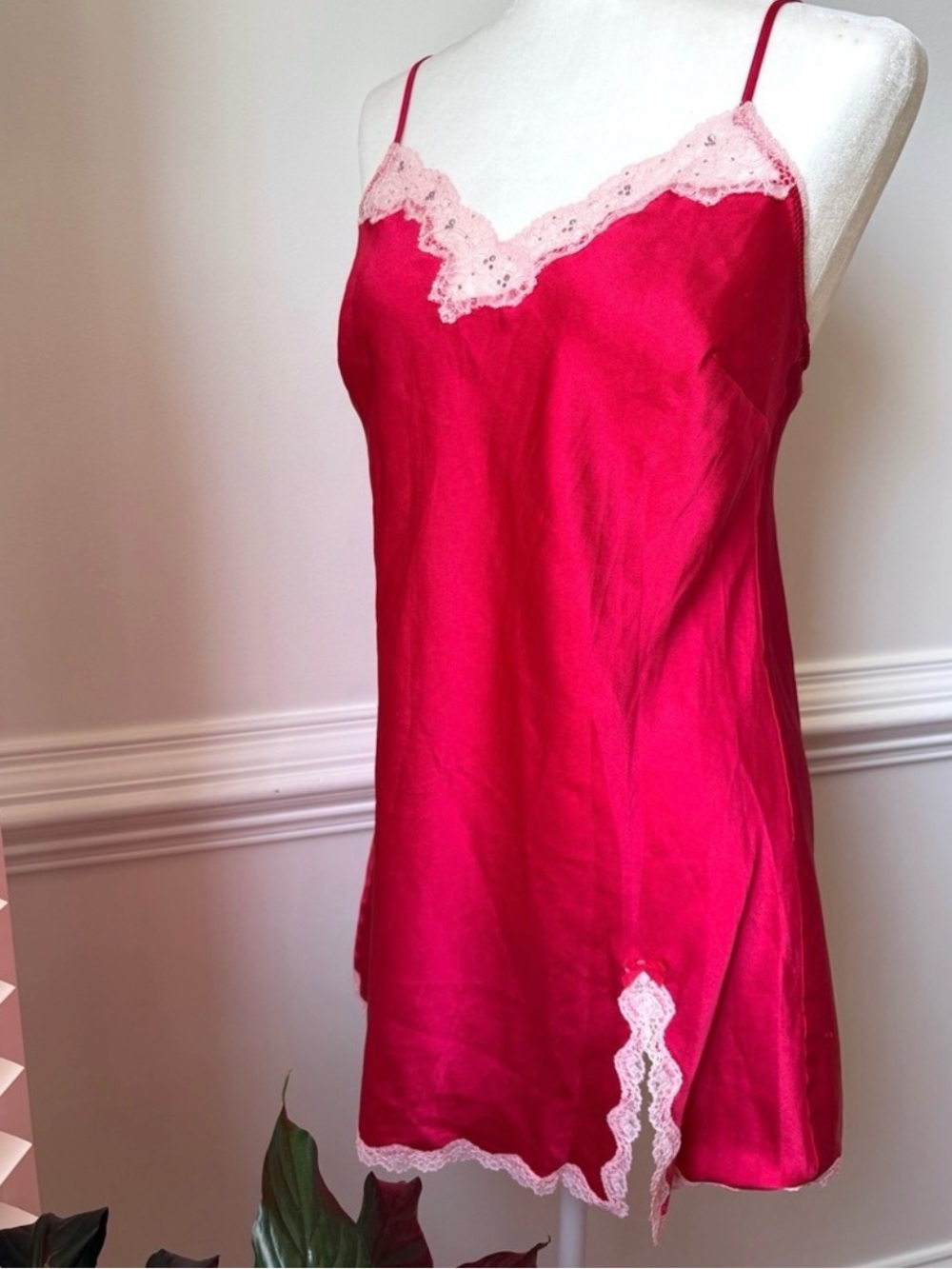 Victoria's Secret Red Satin Slip Night Gown with Cream Lace Trim Size Medium